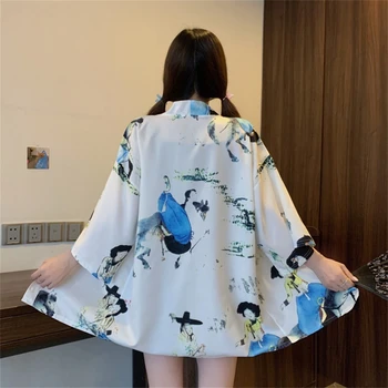Japonijos Streetwear Balto Print Megztinis Moterims Harajuku Haori Saulės Kimono Cosplay Top Marškinėliai Paplūdimys Yukata Skraiste