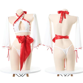 Japonų Anime Miko Cosplay Kimono Seksualus Apatinis Trikotažas Moterims Apynasrio Criss Cross Bikini Raudona Boknot Tvarstis Sleepwear Lašas Laivas