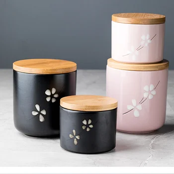 Japonų Keramikos Sandariai Jar Medinis Dangtis Kavos Pupelių Arbatos Laikymo Jar Virtuvės Maisto Produktų Laikymo Dėžutė Cherry Blossom Keramikos Apdaila