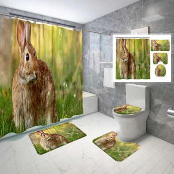 Juokingas Bunny Dušo Užuolaidų Komplektas Triušiui Žolės 4 Vnt Dušo Užuolaidos Vonios Kambarys, Neslidžia Vonios Kilimėlis Tualeto Dangčio Užuolaidų Komplektas