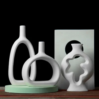 Keramikos Vaza, Abstrakčiai Tuščiaviduriai Modelio Baltos Paprasto Embriono Gėlių Vaza Lenktas Švytuoklės Gėlių Kompozicijų Apdailos Reikmenys