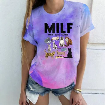 Lovely Cat T-Shirt MILF Atsitiktinis Tees tie dažai Y2k Viršūnes Femme korėjos Mados Drabužių Gyvūnų Grafinis T Marškinėliai Camisetas Mujer 2023