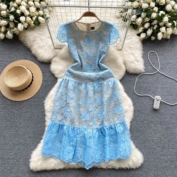 Mados kilimo ir tūpimo Tako Moterų, O-Kaklo trumpomis rankovėmis Gėlių Siuvinėjimas Derliaus Elegantiškas Šalis Midi Suknelė