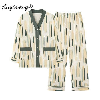 Medvilnės ilgomis Rankovėmis Moterų Pižama Kimono V-kaklo Atvartas Homesuits Atsitiktinis Loungewear Laisvalaikio naktiniai drabužiai Rudenį, Pavasarį Moteris Pijamas