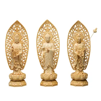 Medžio Drožyba ，Guanyin, Tathagata ，Kinijos Budos Statula ，Namo Kambarį, Šventykla Papuošalai 22cm 3-piece Set