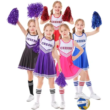 Merginos Cheerleaders Kostiumo Rankovių O Iškirpte Cheerleader Uniformas Nudžiuginti Šokių Aprangą už Helovinas, Cosplay Suknelė su Kojinių