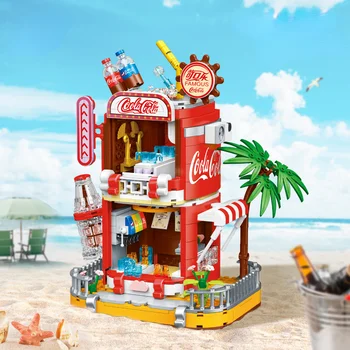 Miesto Gatvės Vaizdas Romantiška Coffee House Beach Sodos Gėrimas Namas 3D Modelio Kūrimo Bloką Plytų Kūrybos Asamblėjos Žaislas Vaikams