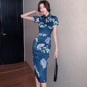Moterims, Elegantiška Mėlynos Cheongsam Kinų Stiliaus Mados Retro Lotus Spausdinti Qipao Dress Lady Grožio Slim Cheongsams Seksualus Suknelės, Šaliai