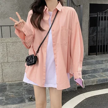 Moteris Minimalistinio Kišenę Laisvus Marškinius 2023 Sping Vasaros Ilgomis Rankovėmis Mygtuką Iki Marškinėliai Korėjos Mados Atvartas Palaidinė Atsitiktinis Viršūnes Blusas