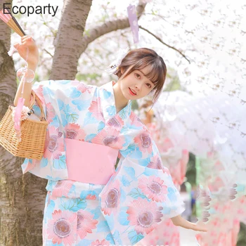 Moterų Kawaii Japonų Kimono Apranga Mėlynos, Rožinės Derliaus Tradtional Yukata Suknelės Skraiste Japonijos Geiša Atlikti Cosplay Kostiumas