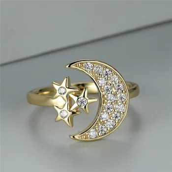 Moterų Mielas Žvaigždės, Mėnulis Atidarymo Žiedas Baltas Cirkonis Vaivorykštė Akmens Reguliuojamas Žiedo Boho Aukso Spalvos Vestuviniai Žiedai Moterims