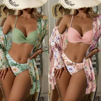 Moterų Sexy Gėlių Bikini Komplektas Iš Trijų Dalių Padengti Iki Aukšto Juosmens Maudymosi Kostiumėlį Push Up Ilgomis Rankovėmis Vasaros Maudymosi Kostiumėliai, Paplūdimio Maudymosi Kostiumai