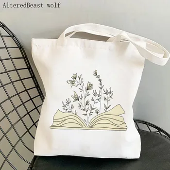 Moterų Shopper bag gėlės auga iš knygos Lipdukas Maišelį Harajuku Pirkinių Drobės Shopper Bag mergina rankinę Nešti Peties Lady Krepšys