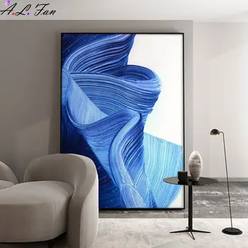 Mėlyna kambarį dekoruoti tapyba, modernus paprasta sofa fono sienos valgomasis, miegamasis šviesos prabangos atmosferą anotacija