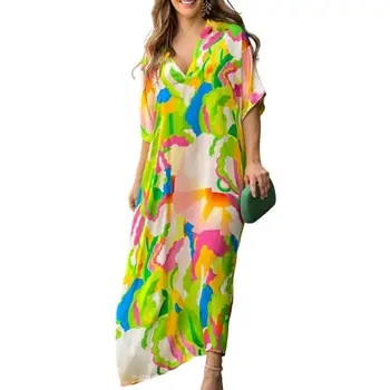 Naujas Moterų Maxi Suknelė Trumpomis Rankovėmis, Spalvinga Spausdinti V Kaklo Prarasti Aukšto Juosmens Negabaritinių Colorfast Kulkšnies Ilgis Vasaros Suknelė