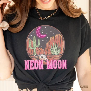 Neon Mėnulis Marškinėliai Klasikinis kantri Muzika Grafinis T-shirt Moterims, iki 2023 m. Vasarą, O Kaklo Prašmatnus Trumpų Rankovių Viršūnes Moterų Harajuku Tees