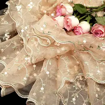 Organza išsiuvinėti audinys, oda rožinė, siuvinėta lėlės audinio vestuvinė suknelė, rankų darbo 