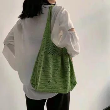 Paprasta moterų maišas korėjos versija 2023 megzti tuščiaviduriai vilnos krepšys vest bag rankinė pečių maišą
