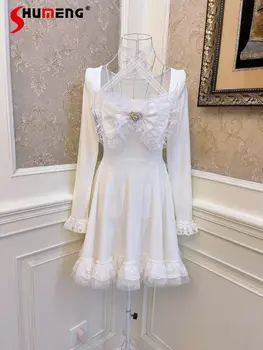 Princesė Lolita Lankas Meilės kalnų krištolas Nėrinių Didelis Suknelė Moteris 2023 M. Pavasarį Naujas Saldus Mergina Lieknėjimo Trumpas Baltos Suknelės Moterims