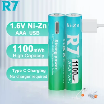 R7 Didelės talpos 1100mWh 1.6 V AAA Baterijos Ni-Zn 1.6 V 3A Įkraunama Baterija, USB Ni-Zn AAA baterijos, Žibintuvėlis Pelės
