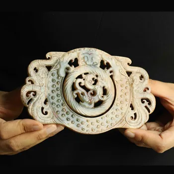 Senosios Kinijos Gamtos hetian Jade Ranka Raižyti statula dragon šokėja plokštė bi i