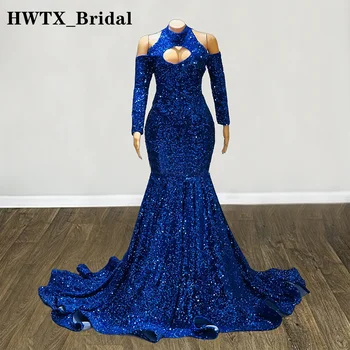 Sparkly China Undinė Prom Dresses Royal Blue Aukšto Kaklo Nuo Peties Ilgomis Rankovėmis Šalies Vakarinę Suknelę 2023 Moterų Apdaras De Bal