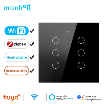 Tuya Smart Gyvenimo WiFi/Zigbee 4x4 Brazilija Touch Panel Šviesos Jungiklis Neutralus Laidas/Ne Neutralus Laidas 4/6 Gauja, Alexa, Google 