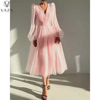 VAZN 2023 Naujas Moterų Gatvės Stiliaus Ilga Suknelė ilgomis Rankovėmis Gilia V Nėrinių Suknelė Gryna Spalva Lady Vidurio Ilga Suknelė