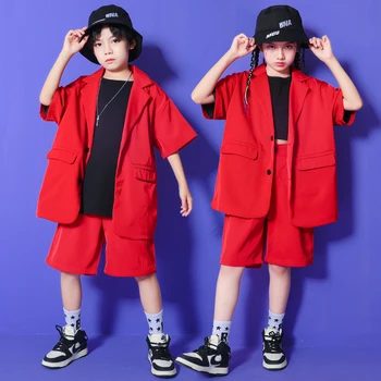 Vaikai Kpop Komplektus Hip-Hop Drabužių Raudonas Švarkas, Marškinėliai Topai Streetwear Šortai Girl Berniukas Džiazo Šokio Kostiumų Šou Rave Drabužiai