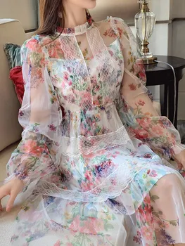Vasaros Fairy Nėrinių Apdaila Kratinys Gėlių Spausdinti Tiulio Tinklelio Suknelė Moterims Matyti Per Sluoksniuotos Ilgomis Rankovėmis Sluoksnis Pyragai Šalies Vestidos