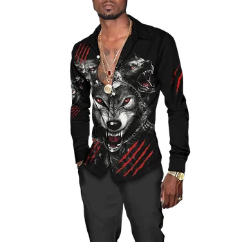 Vyriški Marškiniai 2023 Mados 3D Vilkas Spausdinti ilgomis Rankovėmis Viršūnes Atsitiktinis Trumpas Rankovės Turn-žemyn Apykaklės Sagomis Shirt Vyrų Megztinis 5XL