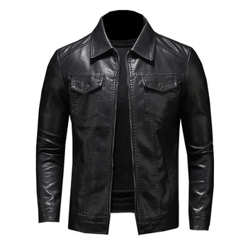 Vyrų odos motociklo striukė didelio dydžio kišenėje juoda užtrauktukas atvartas slim fit Vyrų pavasarį ir rudenį aukštos kokybės PU Kailis M-5XL