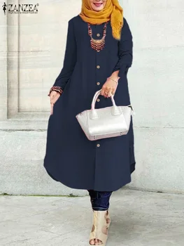 ZANZEA Elegantiškas Abaja Moterų Ilgi Marškinėliai-Suknelė Mygtukų Žemyn Skraiste Femme Atvartas Kaklo, ilgomis Rankovėmis Hijab Vestido Kietas Islamo Apranga