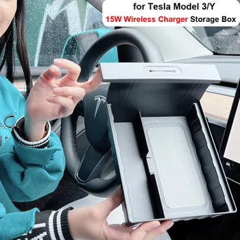 už Tesla Model 3 Y Priekinė Konsolė Laikymo Dėžutė su 15W Belaidis Kroviklis įkrauna Telefoną Kabelių Organizatorius Priedai 2023